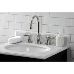 Widespread Bathroom Faucet, Heirloom, Two-Handle with Brass Pop-Up in Polished Nickel