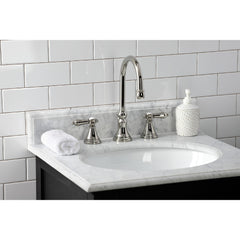 Widespread Bathroom Faucet, Heirloom, Two-Handle with Brass Pop-Up in Polished Nickel
