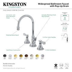 Widespread Bathroom Faucet, Heirloom, Two-Handle with Brass Pop-Up in Polished Nickel