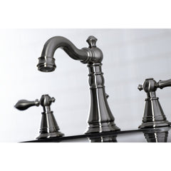 Widespread Bathroom Faucet, Heirloom, Two-Handle with Pop-Up Drain in Brushed Nickel