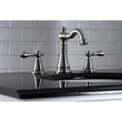 Widespread Bathroom Faucet, Heirloom, Two-Handle with Pop-Up Drain in Brushed Nickel