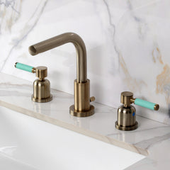 Widespread Bathroom Faucet, Kaiser, Two-Handle with Brass Pop-Up in Antique Brass