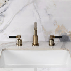 Widespread Bathroom Faucet, Kaiser, Two-Handle with Brass Pop-Up in Antique Brass