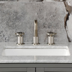Widespread Bathroom Faucet, Levante, Two-Handle with Push Pop-Up Drain in Brushed Nickel