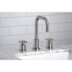 Widespread Bathroom Faucet, Millennium, Two-Handle with Brass Pop-Up in Brushed Nickel