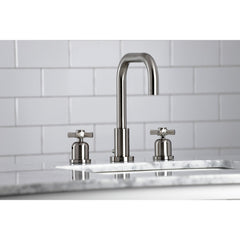 Widespread Bathroom Faucet, Millennium, Two-Handle with Brass Pop-Up in Brushed Nickel