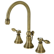 Widespread Bathroom Faucet, Tudor, Two-Handle with Brass Pop-Up in Antique Brass