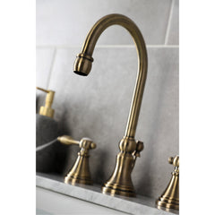 Widespread Bathroom Faucet, Tudor, Two-Handle with Brass Pop-Up in Antique Brass