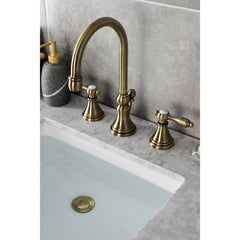 Widespread Bathroom Faucet, Tudor, Two-Handle with Brass Pop-Up in Antique Brass