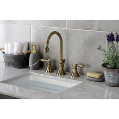 Widespread Bathroom Faucet, Tudor, Two-Handle with Brass Pop-Up in Antique Brass