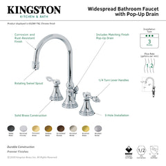 Widespread Bathroom Faucet, Tudor, Two-Handle with Brass Pop-Up in Antique Brass