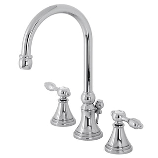 Widespread Bathroom Faucet, Tudor, Two-Handle with Brass Pop-Up in Polished Chrome