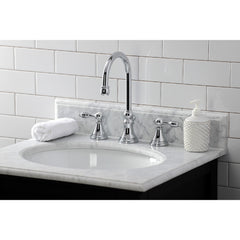 Widespread Bathroom Faucet, Tudor, Two-Handle with Brass Pop-Up in Polished Chrome