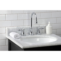 Widespread Bathroom Faucet, Tudor, Two-Handle with Brass Pop-Up in Polished Chrome