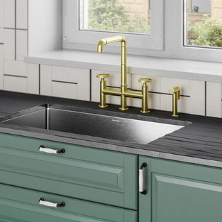 Widespread Kitchen Faucet, Avallon Pro, with Side Sprayer in Brushed Gold