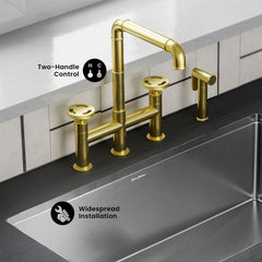 Widespread Kitchen Faucet, Avallon Pro, with Side Sprayer in Brushed Gold