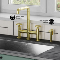 Widespread Kitchen Faucet, Avallon Pro, with Side Sprayer in Brushed Gold