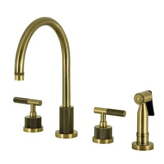 Widespread Kitchen Faucet, Convergent, Double Handle with Side Spray in Antique Brass