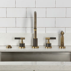 Widespread Kitchen Faucet, Convergent, Double Handle with Side Spray in Antique Brass