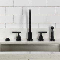 Widespread Kitchen Faucet, Convergent, Double Handle with Side Sprayer in Matte Black