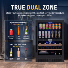 Wine and Beverage Refrigerator, Dual Zone, 24 Bottles, 100 Cans, Black Stainless Steel