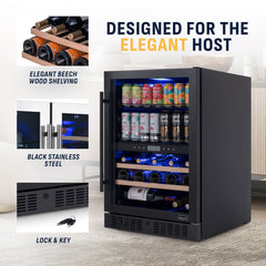 Wine and Beverage Refrigerator, Dual Zone, 24 Bottles, 100 Cans, Black Stainless Steel