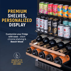 Wine and Beverage Refrigerator, Dual Zone, 24 Bottles, 100 Cans, Black Stainless Steel