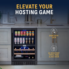 Wine and Beverage Refrigerator, Dual Zone, 24 Bottles, 100 Cans, Black Stainless Steel
