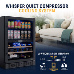 Wine and Beverage Refrigerator, Dual Zone, 24 Bottles, 100 Cans, Black Stainless Steel