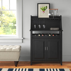 Wine Bar Cabinet, Solid and Manufactured Wood, Black, Two Doors