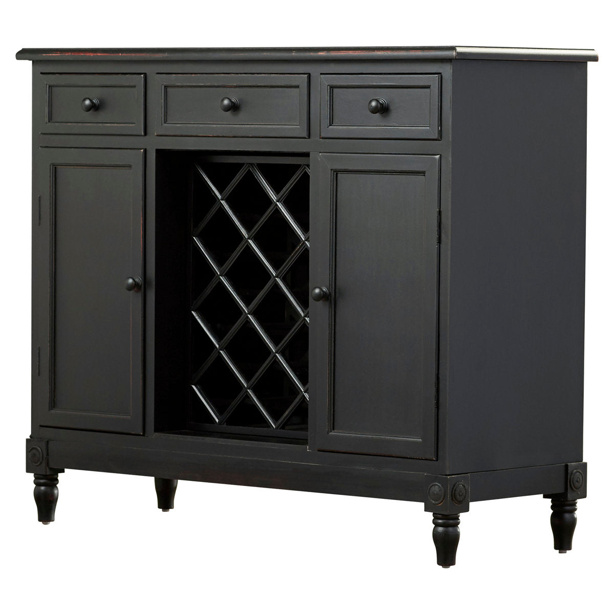 Wine Bar with 2 Doors, 3 Drawers and Wine Rack, Antique Black