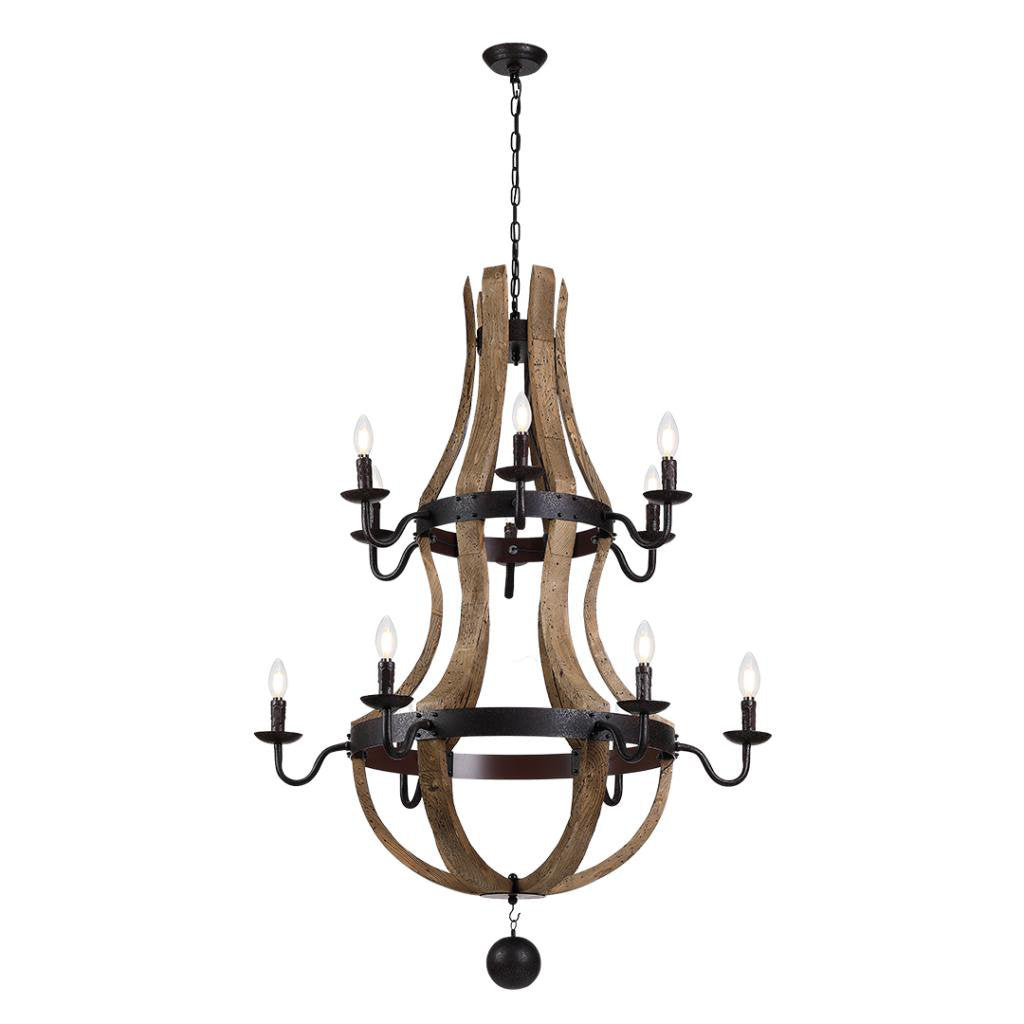 Wine Barrel Chandelier with 12 Lights in Brown Wood and Metal
