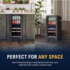 Wine & Beverage Refrigerator, Dual Zone, 13 Bottle, Freestanding, Black