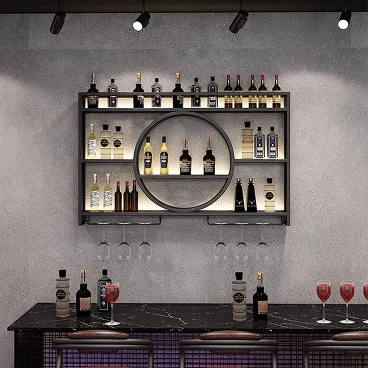 Wine Bottle Rack with Glass Storage, 47.24 in W, Black Metal