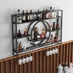Wine Bottle Rack with Glass Storage, 47.24 in W, Black Metal