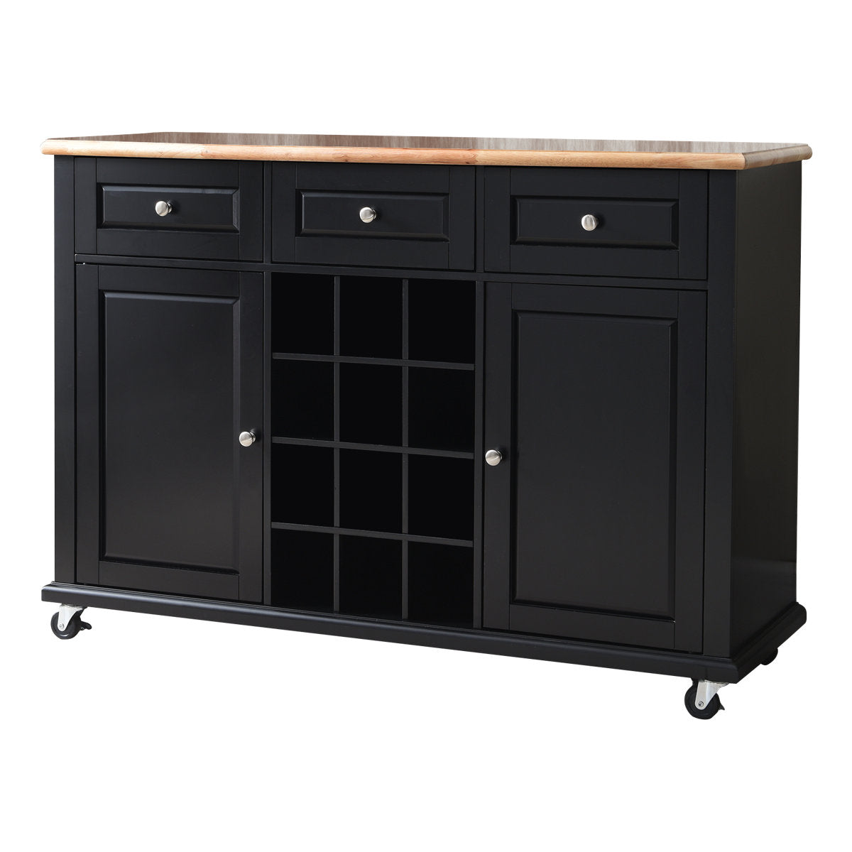 Wine Rack Bar Cabinet with 3 Drawers in Solid Poplar, Black and Natural