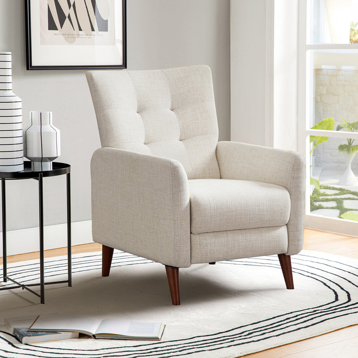 Wing Chair Recliner in Ivory Polyester with Walnut Wood Legs