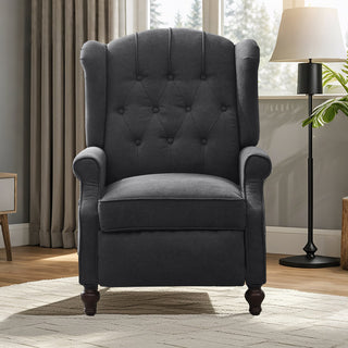 Wing Chair Recliner, Manual Push-Back, Dark Gray Linen with Brown Legs