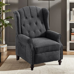 Wing Chair Recliner, Manual Push-Back, Dark Gray Linen with Brown Legs