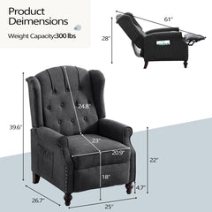 Wing Chair Recliner, Manual Push-Back, Dark Gray Linen with Brown Legs
