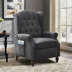 Wing Chair Recliner, Manual Push-Back, Dark Gray Linen with Brown Legs