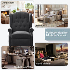 Wing Chair Recliner, Manual Push-Back, Dark Gray Linen with Brown Legs