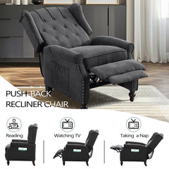 Wing Chair Recliner, Manual Push-Back, Dark Gray Linen with Brown Legs