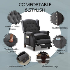 Wing Chair Recliner, Manual Push-Back, Dark Gray Linen with Brown Legs