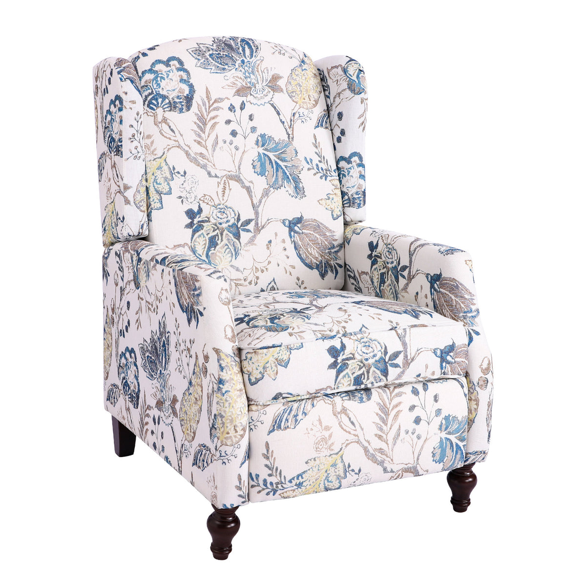 Wing Chair Recliner with Manual Push-Back Mechanism in Blue Floral