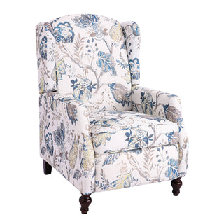 Wing Chair Recliner with Manual Push-Back Mechanism in Blue Floral