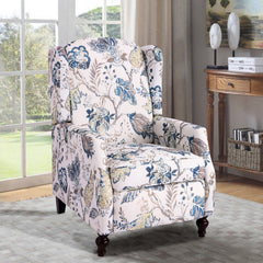 Wing Chair Recliner with Manual Push-Back Mechanism in Blue Floral