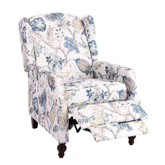 Wing Chair Recliner with Manual Push-Back Mechanism in Blue Floral