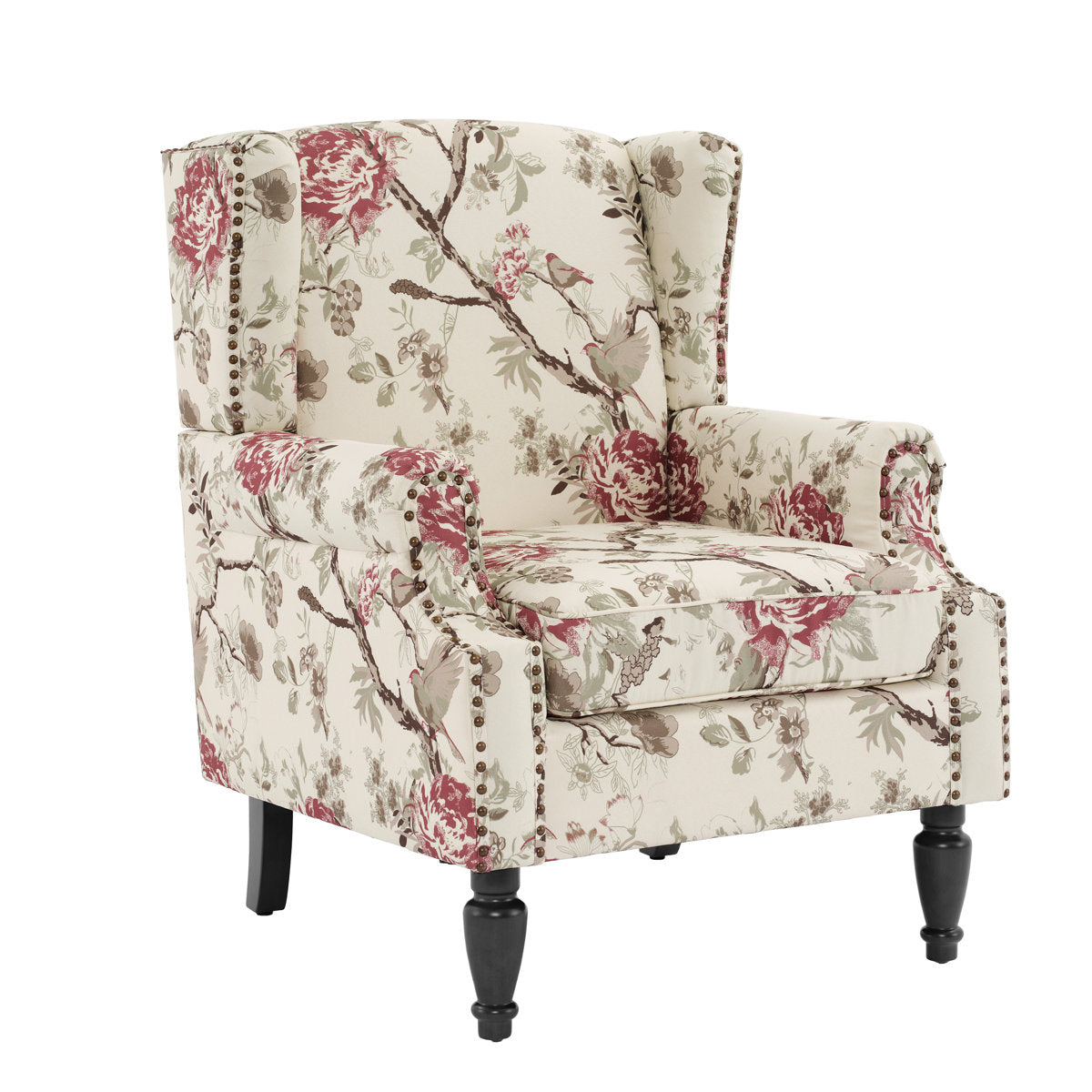 Wingback Accent Chair, Beige Floral Linen with Solid Wood Frame