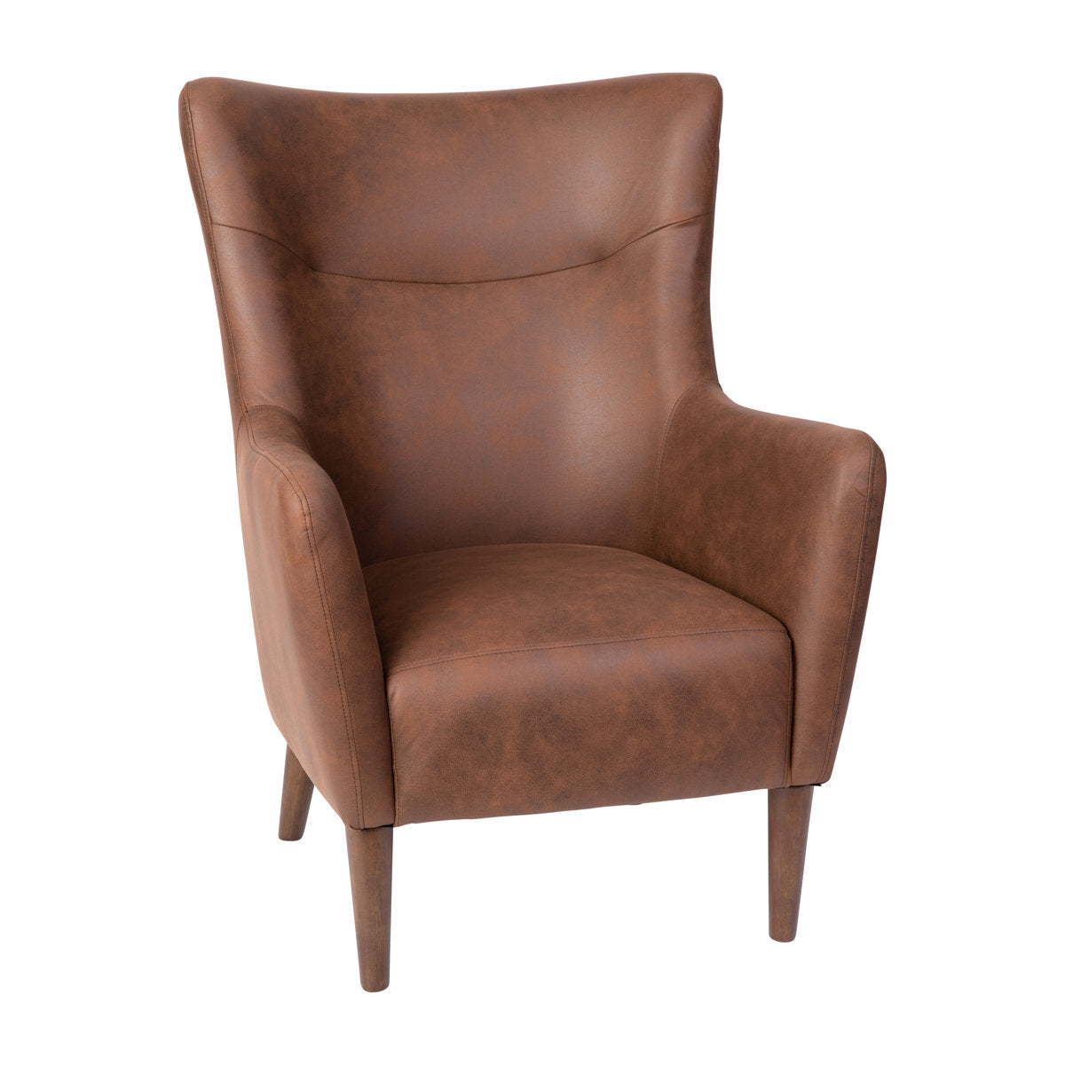 Wingback Accent Chair, Dark Brown Faux Leather with Brown Wood Legs